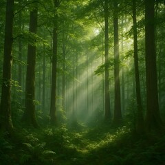 Obraz premium Dense green forest sunlight