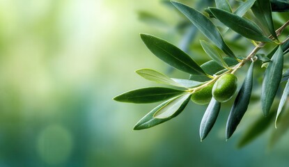 Fototapeta premium Close up of green olives growing on a branch with soft bokeh background