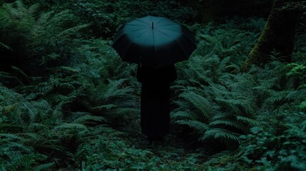 Mysterious figure with umbrella walking through a dense green fern forest landscape scene