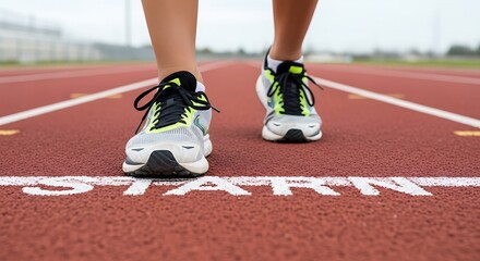 Athletic sneakers ready to launch from the starting line on a running track