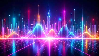 Abstract Digital Cityscape Illustration with Neon Lights and Data Visualization Waves