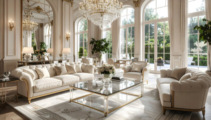 Luxurious Living Room Interior with Elegant Furniture and a Crystal Chandelier in Bright Light