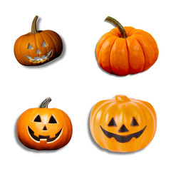 Halloween Pumpkins and Jack-O&rsquo;-Lanterns with Shadows Isolated on Transparent Background
