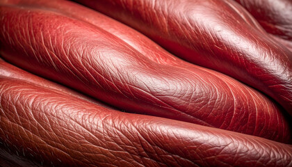 Close Up View of a Stacked Red Leather Surface with Detailed Texture and Subtle Light