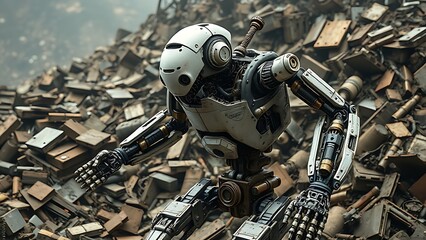 Fototapeta premium Biomechanical robot disassembling and absorbing parts from identical broken units in a post-apocalyptic scrapyard.
