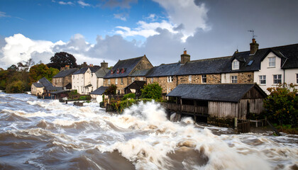 Dramatic Flood Scene Illustrating Water Damaging Buildings In A Scottish Town Under Stormy Skies
