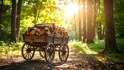 Wooden Cart Loaded With Logs On Forest Path Illuminated By Golden Sunlight Through Lush Green Trees