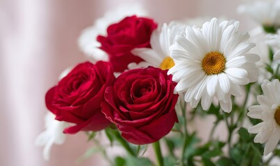 Close-up of a red rose and a white daisy in a bouquet, Valentine's Day flowers, a romantic flower arrangement for a holiday celebration gift presentation