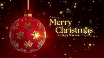 "Merry Christmas & Happy New Year" text with a red and gold snowflake ornament hanging on a festive, glittering dark red background