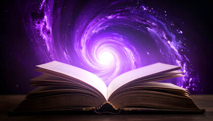 Open Book Glowing With Energy Against A Swirling Purple Galaxy Backdrop