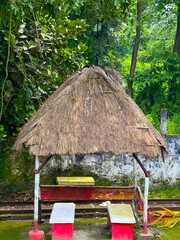Thatched structure with seating stands adjacent to railway tracks amidst verdant foliage outdoors