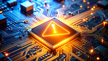 Illuminated Exclamation Mark On Central Processing Unit With Circuitry Details In A Dark Background
