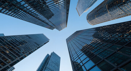 Tall Modern Skyscrapers Reaching into Clear Blue Sky