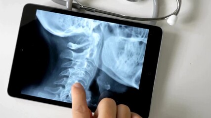 Doctor analyzing skull brain x-ray medical data on touchscreen tablet. modern digital technology in hospital concept. surgeon examining x-ray of human skull. - Powered by Adobe