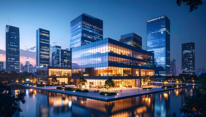 Modern City Buildings Illuminated At Night Reflecting In Water with Surrounding Trees and Dark Blue Sky
