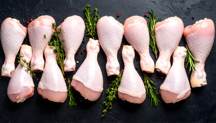 Raw Chicken Drumsticks Arranged with Green Herbs on a Dark Textured Background