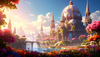 Grand Palace Surrounded By Lush Gardens and Vibrant Flowers Under a Bright Blue Sky and Sunshine