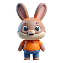 Adorable 3d rendered cartoon rabbit character wearing an orange shirt and blue jeans isolated on transparent background