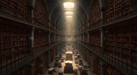 Vast Dark Wooden Library with Open Books and Skylight