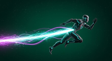 Naklejka premium Futuristic Robot Running in Space with Electric Energy Trails