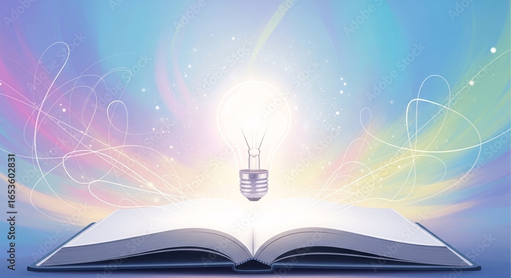 Poster an open book with a glowing light bulb emerging from its pages, symbolizing knowledge, innovation, a