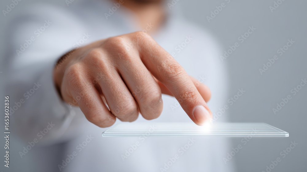 Aufkleber focused businessman hand using finger to touch virtual transparent screen for secure e signature on 
