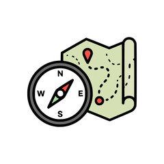 Colorful compass and map illustration symbolizing outdoor navigation travel adventure exploration trekking and camping guidance