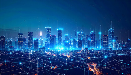 Illuminated City Skyline At Night With Blue Lighting and Network Connections