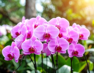 Pink orchid blossoms in a garden setting