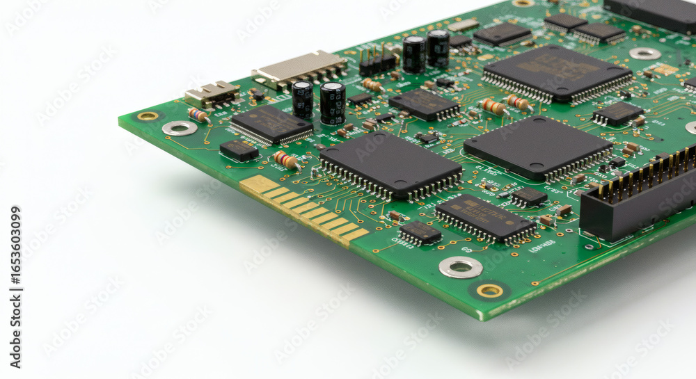 Poster close-up view of a green printed circuit board with microchips and electronic components isolated on