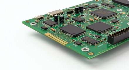 Close-up view of a green printed circuit board with microchips and electronic components isolated on a white background representing technology