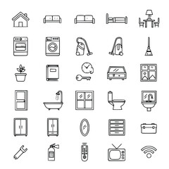 A collection of 20 minimalist line art icons representing home and living elements, including furniture, appliances, security, and real estate symbols. Ideal for interior design, architecture, or home