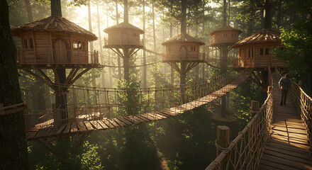 Wooden Treehouse Village in Misty Forest, Sunny and Magical