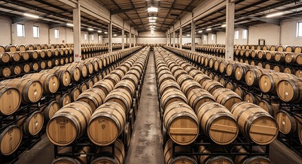 Obraz premium Rows of Oak Barrels Aging Wine in Large Warehouse