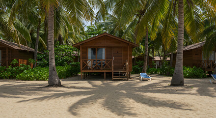 Wooden Cabins in Tropical Setting with Palm Trees on Sandy Beach