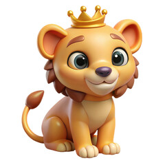Adorable cartoon baby lion cub wearing a golden crown sitting majestically isolated on transparent background
