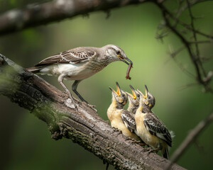 Mother bird feeding worm to hungry chicks in nest baby birds