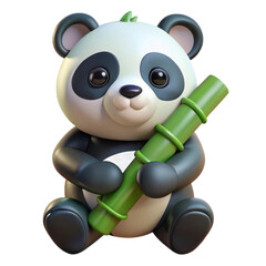 Adorable cartoon panda bear character holding a vibrant green bamboo stalk isolated on transparent background
