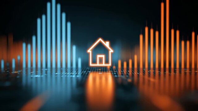 Glowing smart home icon house energy graph for efficiency and real estate