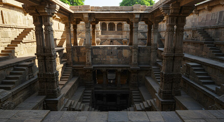 Ancient Stone Stepwell with Carved Pillars and Arches Architecture