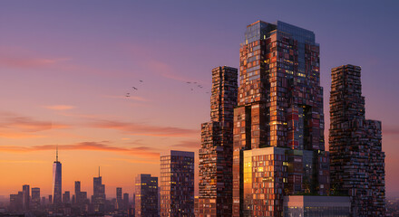 Cityscape with Unique Skyscraper Towers at Sunset Sky