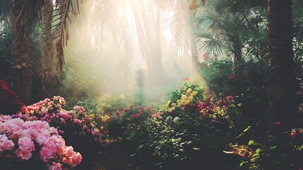 Fototapeta premium A serene garden scene with vibrant pink and yellow flowers, lush green foliage, and a soft, diffused light filtering through the trees, creating a tranquil and peaceful atmosphere.