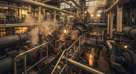 Complex industrial machinery featuring pipes and steam