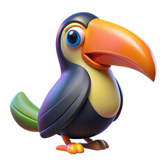 A charming cartoon toucan with a large orange beak and bright blue eyes isolated on transparent background