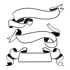 Collection of hand-drawn vintage ribbon banners in black and white. Includes a variety of scrolls, curved ribbons, and folded banner designs in different styles. Ideal for retro labels, logos, posters