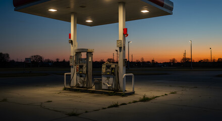 Desolate Gas Station at Dusk with Dim Lighting and Cracked Concrete