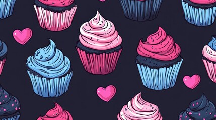 Brighten your gifts with a playful seamless pattern of cute cupcakes on a dynamic blue, black, and pink backdrop. Perfect for wrapping