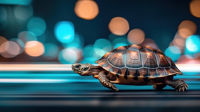 A turtle races down a bustling city street at night, showcasing an unexpected burst of speed amidst the vibrant lights.