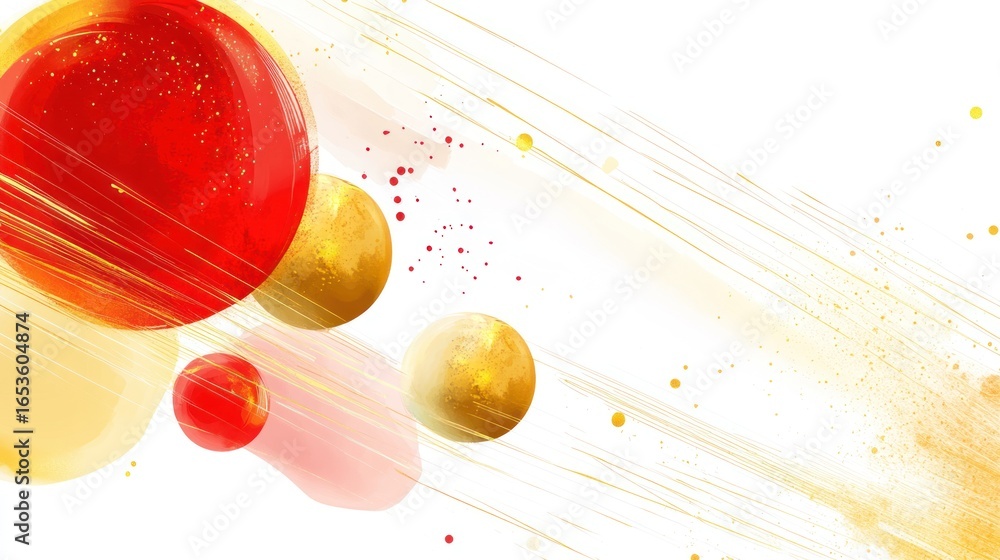 Poster abstract red and gold spheres with dynamic lines and splashes on white background