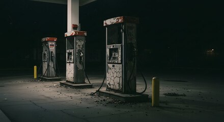 Distressed Gas Pumps at Night on Empty Cracked Concrete